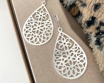 Silver Flower Earrings, Large Silver Filigree Earrings, Statement Earrings, Floral Earrings