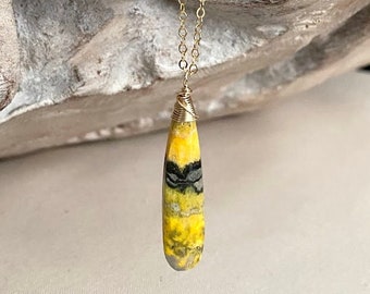 Large Bumble Bee Jasper Teardrop Necklace 14k Gold Filled, Unique Gemstone Pendant Necklace for Women, Long Layering Necklace