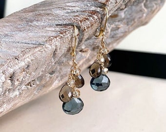 London Blue Topaz Cascade Earrings, Multi Gemstone Cluster Dangle, Blue Topaz Smoky Quartz Earrings, Handmade Jewelry, Gifts for Her