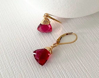 Red Quartz Earrings Dangle, Simple Gold Wire Wrapped Small Gemstone Earrings, Etsy Color 2024, Gifts for Mom, Wife, Sister, Girlfriend