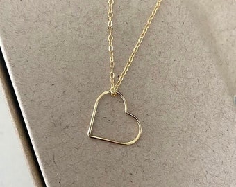 Open Heart Necklace Gold Filled, Thin Delicate Heart Charm Layering Necklace, Floating Heart Pendant, Love Necklace, Heart Jewelry