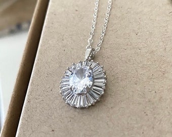 CZ Halo Necklace, Silver Gemstone Layering Necklace, CZ Baguette Cluster Pendant, Jewelry Gifts for Her