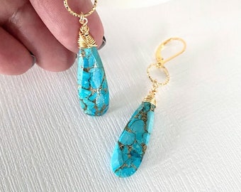 Long Copper Turquoise Teardrop Dangle Earrings Gold, Statement Earrings, Small Hoop with Large Turquoise Drop, Turquoise Jewelry