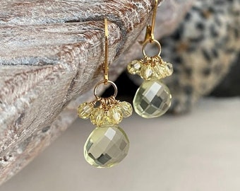 Lemon Quartz Earrings Dangle, Handmade Gifts for Her, Small Gemstone Cluster Earrings Gold, Unique Jewelry