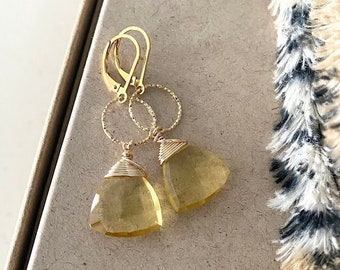 Large Citrine Quartz Dangle Earrings Gold or Silver, Yellow Gemstone Statement Earrings, Minimalist Hoops with Stone