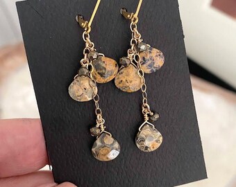 Leopard Skin Jasper Pyrite Cluster Earrings Gold, Animal Print Dangle Earrings, Cascading Gemstone Earrings, Jewelry Gifts for Her