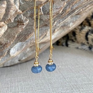 Denim Blue Opal Hoop Earrings, Long Gold or Silver Gemstone Earrings, October Birthstone Jewelry Gifts image 2