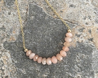 Peach Moonstone Necklace Gold, Beaded Gemstone Layering Necklace for Women, Moonstone Jewelry