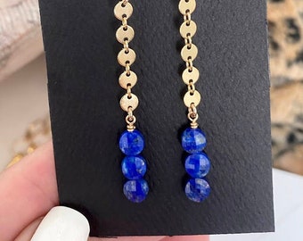 Lapis Lazuli Dangle Earrings, 14k Gold Filled or Sterling Silver Blue Gemstone Chain Earrings, Jewelry Gifts for Her