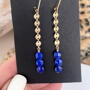 Lapis Lazuli Dangle Earrings, 14k Gold Filled or Sterling Silver Blue Gemstone Chain Earrings, Jewelry Gifts for Her