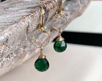 Emerald Quartz Hoop Dangle Earrings, Vermeil Gold or Sterling Silver Gemstone Drops, May Birthstone Gifts for Her