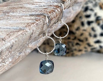 London Blue Topaz Quartz Small Hoop Earrings Silver, Square Cushion Cut Drop Dangle Earrings, Blue Gemstone Earrings,