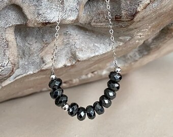 Beaded Hematite Necklace Sterling Silver, Gray Stone Layering Necklace, Healing Crystal, Gemstone Necklace for Women