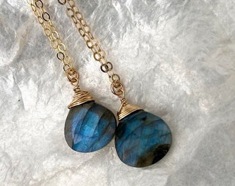 Small Labradorite Necklace Gold Filled or Sterling Silver, Blue Flash Gemstone Pendant Layering Necklace, Jewelry Gifts for Her