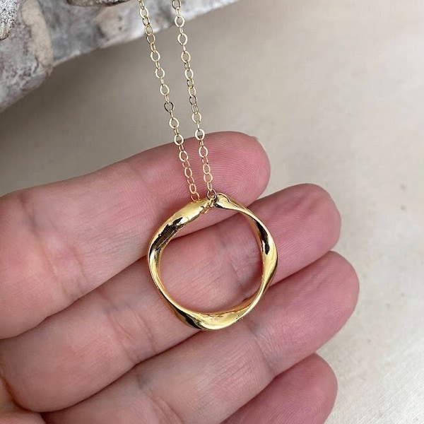 Large Twisted Circle Necklace, 24k Gold Plated Geometric Necklace, Statement Necklace, Layering Necklace for Women