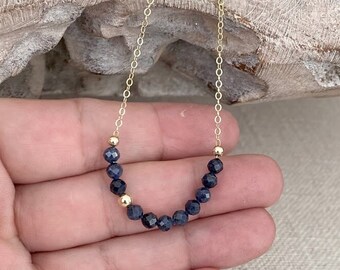 Blue Sapphire Beaded Gemstone Necklace 14k Gold Filled, Gold, Layering Necklace for Women