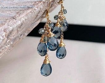 London Blue Topaz Cascade Cluster Drop Dangle Earrings Gold, Handmade Gifts, Wire Wrapped Blue Stone Teardrop Earrings