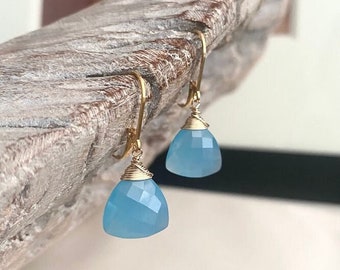 Large Chalcedony Earrings, Gold Filled or Sterling Silver Blue Gemstone Dangle Earrings, Jewelry Gifts for Her