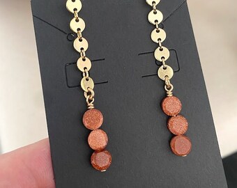 Brown Goldstone Dangle Earrings, 14k Gold Filled or Sterling Silver Long Gemstone Chain Earrings, Jewelry Gifts for Her
