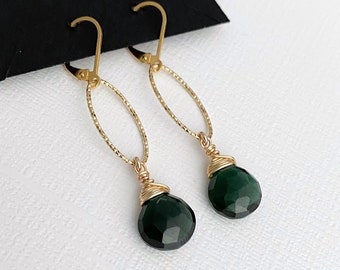 Emerald Quartz Earrings Dangle, Vermeil Gold or Sterling Silver Green Gemstone Earrings, May Birthstone, Birthday Jewelry Gifts for Her