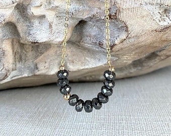 Beaded Hematite Necklace Gold Filled, Gray Gemstone Layering Necklace for Women, Healing Crystal Gifts for Her