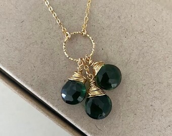 Emerald Quartz Necklace, Gold Circle Necklace with Emerald Cluster, Gemstone Pendant Necklace