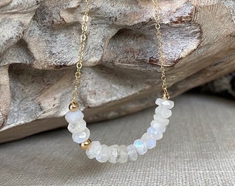 Moonstone Necklace, Gold or Silver Necklace for Women, Rainbow Moonstone Choker, Gemstone Bar Necklace, Moonstone Jewelry