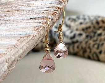 Light Rose Swarovski Crystal Earrings, Small Pink Earrings, 14k Gold Filled or Sterling Silver Teardrop Dangle, Jewelry Gifts for Her