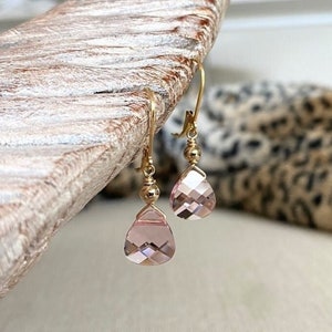 Pink Teardrop Dangle Earrings, Dainty Gold Earrings, Small Light Rose Swarovski Crystal Drops, Minimalist Jewelry Gift for Her