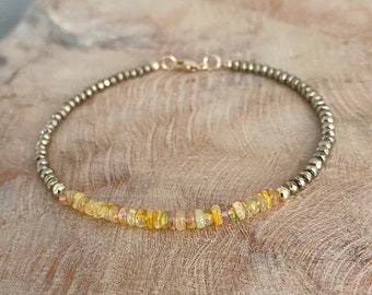 Ethiopian Welo Fire Opal and Hematite Bracelet, Beaded 14k Gold Filled Gemstone Bracelet for Women, Jewelry Gift for Her