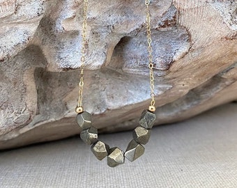 Iron Pyrite Nugget Necklace Gold, Beaded Gemstone Necklace for Women, Metallic Luster Stone Layering Necklace