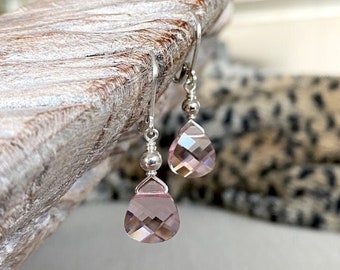Blush Rose Crystal Earrings Sterling Silver, Small Light Pink Swarovski Crystal Teardrop Dangle, Jewelry Gifts for Her