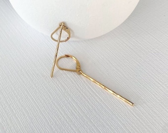 Thin Hammered Stick Dangle Earrings Gold, Slim Rectangle Bar Earrings, Everyday Geometric Earrings