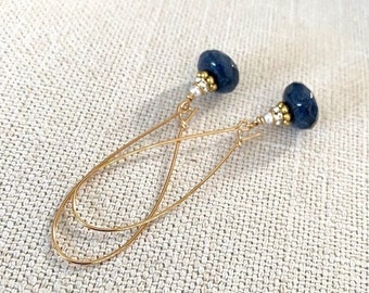 Long Sodalite Hoop Earrings, Gold or Silver Blue Gemstone Earrings, Sodalite and Pearl Earrings, Jewelry Gifts for Her