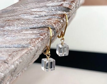 Small Clear Quartz Dangle Earrings, 14k Gold Filled or Sterling Silver Gemstone Earrings, Crystal Quartz Drop Earrings