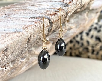 Hematite Earrings Dangle, Sterling Silver or Gold Filled Gemstone Drop Dangle Earrings, Gray Stone Earrings, Small Everyday Earrings