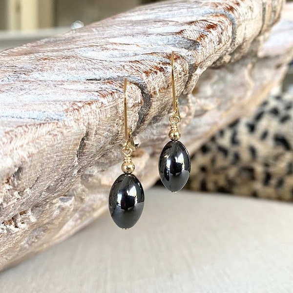 Hematite Earrings Dangle, Sterling Silver or Gold Filled Gemstone Drop Dangle Earrings, Gray Stone Earrings, Small Everyday Earrings