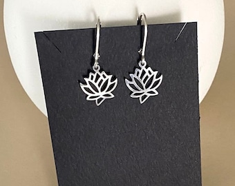 Small Lotus Flower Earrings, Natural Silver Stainless Steel Lotus Charm Earrings, Silver Flower Earrings, Minimalist Floral Earrings