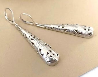 Silver Filigree Teardrop Earrings, Long Sterling Dangle, Statement Jewelry