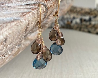 London Blue Topaz Smoky Quartz Cascade Earrings, Gemstone Cluster Drop Dangle, Topaz Jewelry, Galantines Day Gifts for Her, Delicate Jewelry