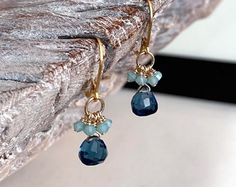 Tiny London Blue Topaz Quartz Cluster Earrings, Small Gemstone Earrings, Blue Stone Dangle Earrings