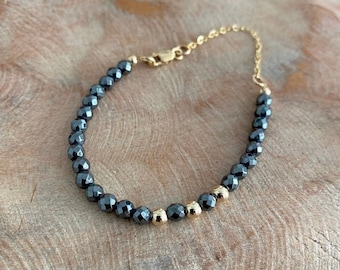 Hematite Bracelet for Women, Dainty Gold Filled or Sterling Silver Gemstone Stack Bracelet, Birthday Jewelry Gifts for Her
