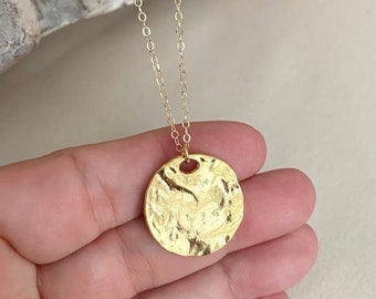 Large Hammered Wavy Disc Pendant Necklace, Vermeil Gold Medallion Layering Necklace, Simple Everyday Jewelry