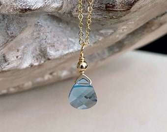 Small Aquamarine Swarovski Crystal Necklace, 14k Gold Filled or Sterling Silver Blue Teardrop Pendant, March Birthstone Jewelry Gifts