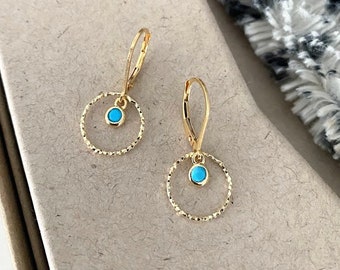 Small Gold Hoop Earrings with Turquoise, Simple Lightweight Everyday Dangle Earrings, Petite Textured Gold Hoops