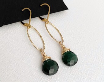 Emerald Quartz Earrings Dangle, Vermeil Gold or Sterling Silver Green Gemstone Earrings, May Birthstone, Birthday Jewelry Gifts for Her