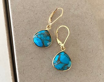 Small Copper Turquoise Earrings, Gold and Turquoise Dangle, Teardrop Gemstone Earrings