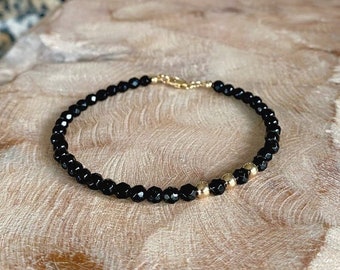 Beaded Onyx Bracelet, Black Gemstone Bracelet for Women, Gold Filled or Sterling Silver Dainty Bracelet