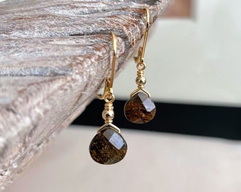 Tiny Bronzite Teardrop Earrings, Dainty Bronzite Drop Dangle Earrings, Golden Brown Gemstone Ear Stack Earrings, Bronzite Jewelry