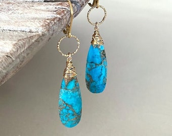 Long Copper Turquoise Teardrop Dangle Earrings Gold, Statement Earrings, Small Hoop with Large Turquoise Drop, Turquoise Jewelry